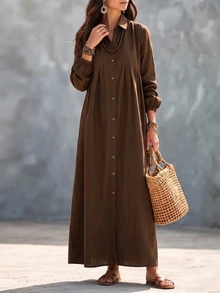 Linhara CURVE فستان نسائي كاجوال منسوج مقاس كبير للخريف - بني - مشاهدة 3