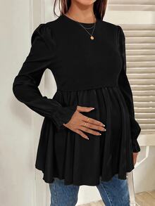 SHEIN 孕婦純色圓領長袖休閒哺乳上衣 秋季 - 黑色 - 查看 6