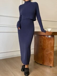 DAZY Solid Color Fitted Bodycon Tank Dress Short Pullover Long Sleeve Sweater Elegant Vacation Korean Style Autumn Winter Thickened Women's Sweater Two Pieces Set - Blue - View 4