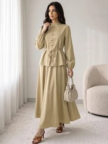 Solavon New Design Modern Chinese Style Frog Button Waist Tie Blouse And Skirt Casual Versatile Set - Khaki - View 5