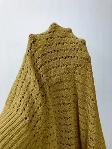 Vionelle Solid Color Loose Hollow Out Plus Size Pullover Sweater - Khaki - View 8