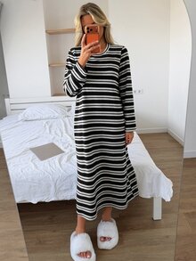 Livesso Women's Striped Colorblock Casual Daily Home Loungewear Dress - Black - View 9
