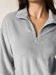 SHAPORA 2pcs Solid Half Zip Drop Shoulder Crop Lounge Sweatshirt - Multicolor - View 5