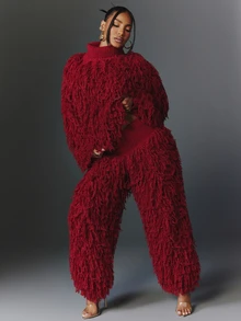 NYA SZN Knit Pant Fringe Trouser Wide Leg Holiday Festival Special Occasion Everyday Casual Work Concert Going Out Club Cozy Chic Cute Party Red Fall Winter - Red - View 2