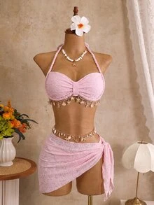 SHEIN Swim 女款 3 件式純色紋理貝殼飾邊編織繩掛脖比基尼套裝，含三角泳褲與裙子，春夏海灘泳裝 - 粉色 - 查看 3