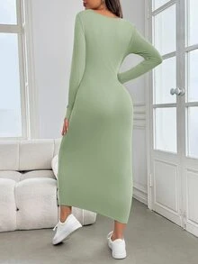 SHEIN 孕婦嬰兒派對女款洋裝 秋冬綠色長袖修身孕婦洋裝 - 綠色 - 查看 2