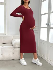 SHEIN 孕婦嬰兒派對女款洋裝 秋冬綠色長袖修身孕婦洋裝 - 酒紅色 - 查看 3