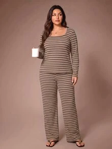 Lazeform Plus Size Fashion Minimalist Striped Square Neck Long Sleeve Pants Pajama Set 2pcs - Multicolor - View 3
