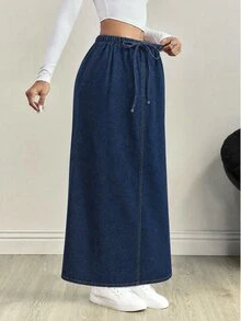 SHEIN MOD Women's Street Style Drawstring Waist Pocket Denim Skirt - Dark Wash - View 5