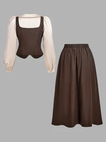 SHEIN MOD Plus Size Vintage Button Petal Sleeve Faux Two Pieces Blouse And Pleated Maxi Skirt Set - Brown - View 2