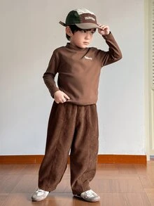SHEIN Kids Young Boys Casual Corduroy Loose Fit Long Pants - Brown - View 4