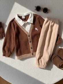 SHEIN 中性嬰兒男童幼兒秋冬休閒百搭拼接拼色2合1襯衫套裝，外套套裝 - 藏蓝色 - 查看 8