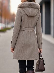 Editum Women's Street Style Faux Fur Patchwork Button Waist-Cinching Overcoat - Khaki - View 3