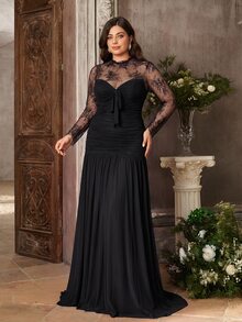 Aureia Plus Size Elegant Luxury French Embroidery Lace Round Neck Long Sleeve V-Neck Built-In Fishbone Bodycon Flared Hem Evening Dress For Women New Year - Black - View 8