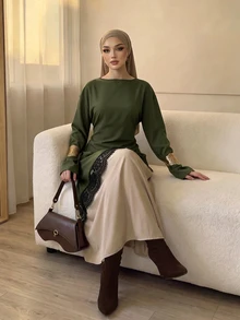 Celisse Blus Wanita Model Longgar Awal Musim Gugur Terbaru dengan Hem Asimetris dan Hiasan Renda Lengan Panjang - Hijau - View 4