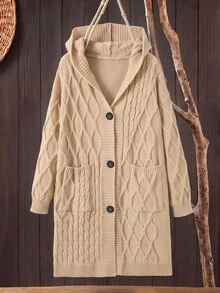 Rusticease Plus Size Women's Long Sleeve Single-Breasted Double Pocket Design Hooded Knit Cardigan - Khaki - View 3