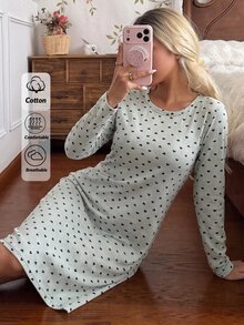 SHEIN Cotton Women Mint Green Heart Pattern Rib Knit Round Neck Long Sleeved Comfort Nightgown - Mint Green - View 6