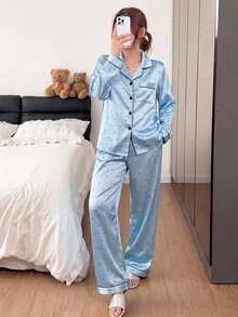 Napfluff 女款簡約優雅黑色波點印花長袖長褲睡衣套裝 - 藍色 - 查看 5