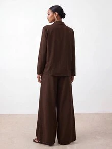 Zivah Solid Wrap Knot Side Blazer & Wide Leg Pants Suit Set - Brown - View 2