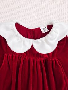 SHEIN Infant Girl Cute Corduroy Red Peter Pan Collar Colorblock Dress - Burgundy - View 8
