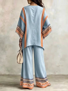 Glimmora 女款波希米亞風條紋兩件套，寬鬆V領蝙蝠袖上衣與高腰寬腿褲，印花套裝適合度假旅行 - 彩色 - 查看 2