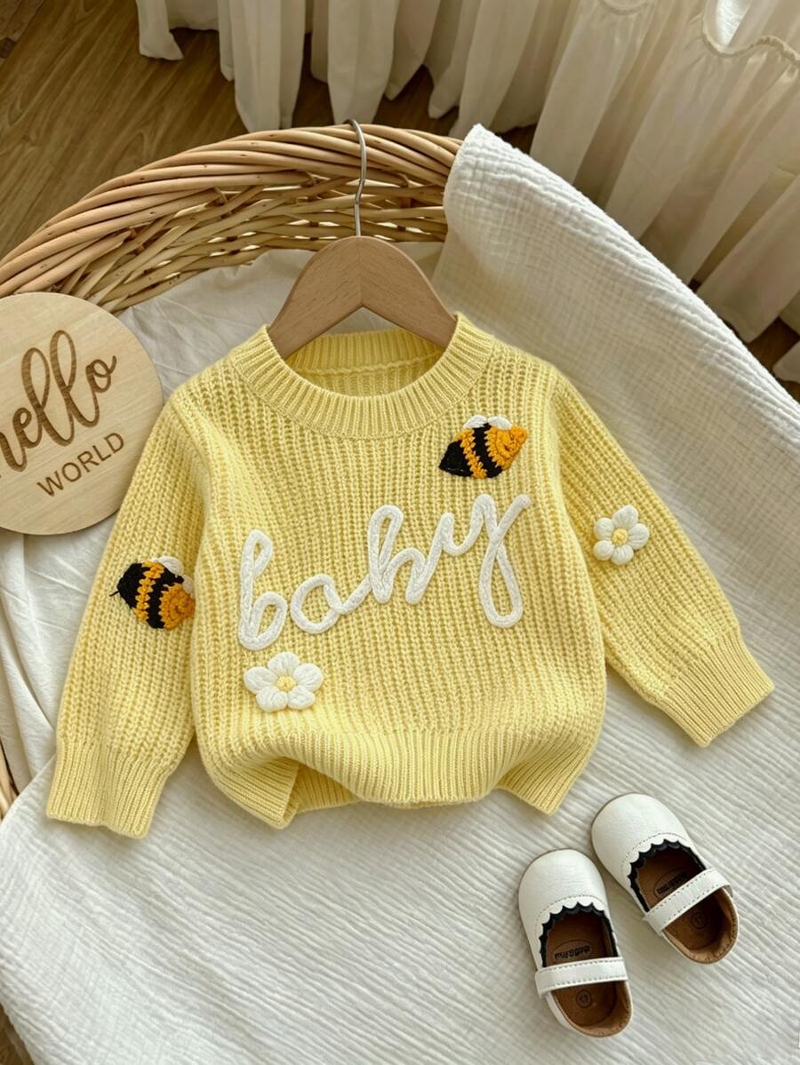 SHEIN 女嬰黃色秋冬圓領套頭毛衣,蜜蜂刺繡裝飾,精緻舒適幼兒/嬰兒套裝,適合外出、旅行與假期 - 黃色 - 查看 1