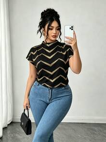 Elenzga 春夏派對黑色優雅大尺碼女款金箔印花上衣 - 黑色 - 查看 3