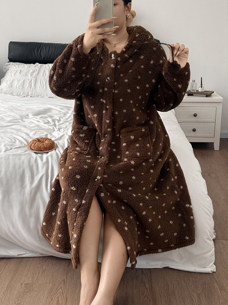 SHEIN Jubah Panjang Wanita Berkerudung Motif Polkadot Dua Sisi Bahan Fleece Musim Gugur/Dingin - Coklat - View 1