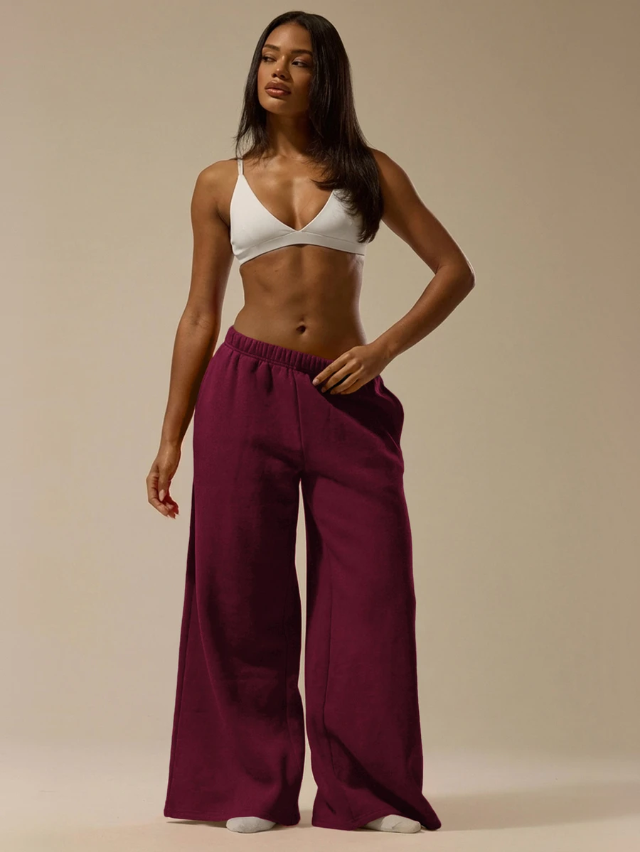 MUSERA ESSENTIALS Oversized Wide Leg Drawstring Joggers Casual Everyday Relaxed Basic Sweat Holiday Summer - Burgundy - View 1