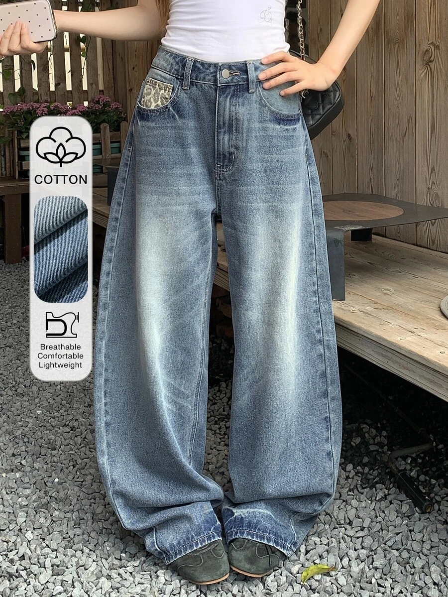 DAZY Tween Girl Wide Leg Loose Casual Versatile Denim Jeans With Pockets - Medium Wash - View 1