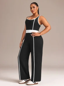 Easithlete Women's Plus Size Colorblock Casual Daily Wear Sports Jumpsuit - Black - View 3
