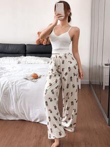 Napfluff Lace Patchwork Sexy Women Pajama Set Christmas Teddy Bear Print Casual Loungewear - Apricot - View 2
