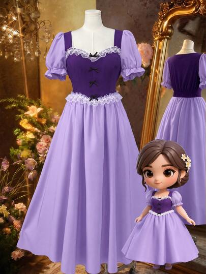 Sweetra Gaun Panjang A-Line Berlipit Lengan Pendek Leher Persegi Ukuran Plus, Lengan Mengembang, Elegan, Vintage, Imut, Model Putri, Cosplay, Cocok untuk Liburan, Kencan, Pesta, Piknik, dan Acara di Halaman Rumput, Warna Biru & Kuning, Kombinasi Warna untuk Wanita.
