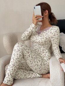 Napfluff طقم علوي وبنطلون ضيق للنساء باللون البنفسجي مع دانتيل وزهور صغيرة، ملابس داخلية فاخرة للربيع والخريف - لون مشمشي - مشاهدة 3