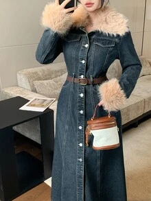 DAZY Women's Washed Denim Long Dress With Fur Collar Design And Cinched Waist - Medium Wash - View 1