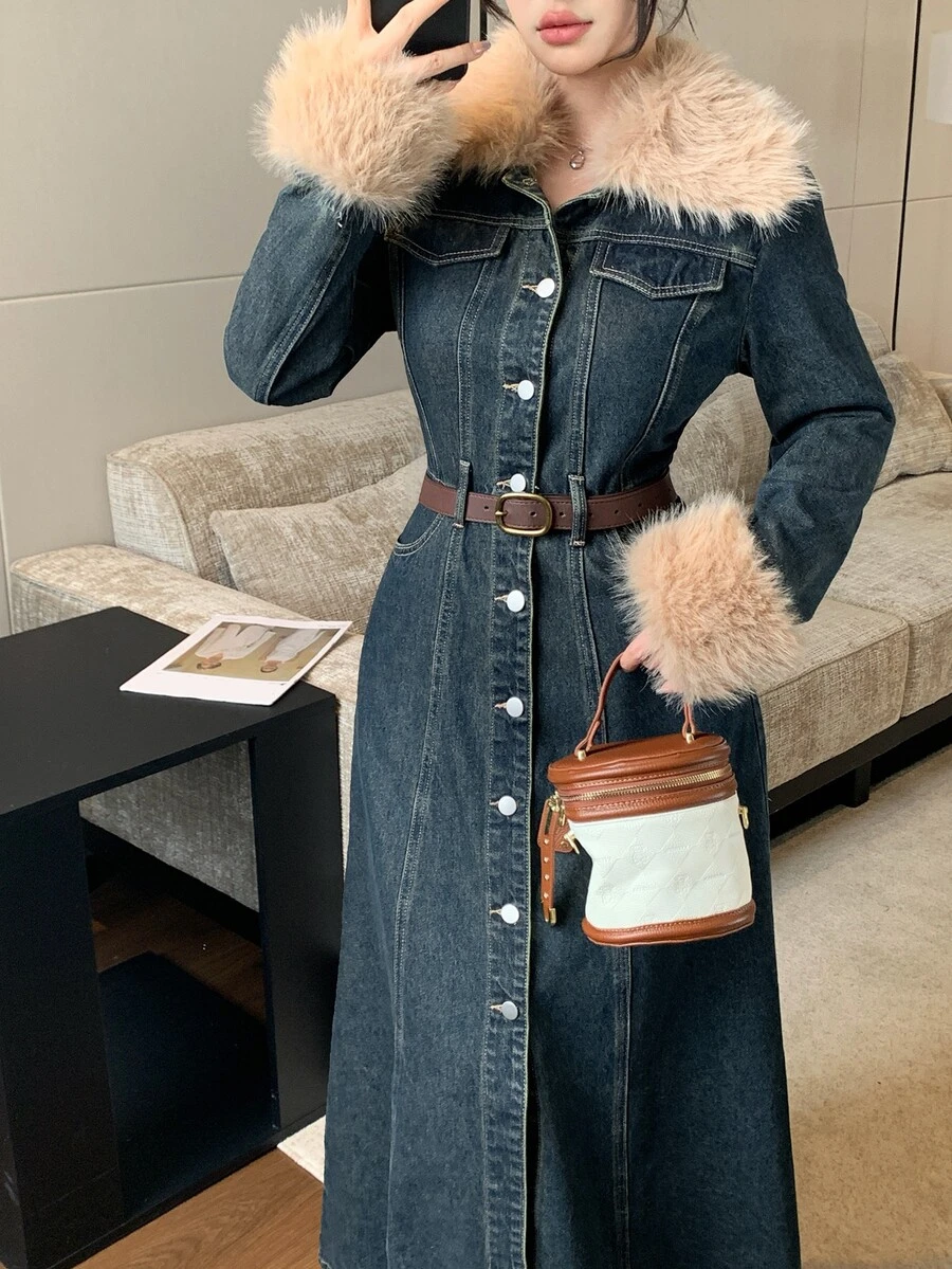 DAZY Women's Washed Denim Long Dress With Fur Collar Design And Cinched Waist - Medium Wash - View 1