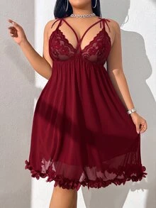 SHEIN 大尺碼性感蕾絲蝴蝶結裝飾睡裙 - 酒紅色 - 查看 4