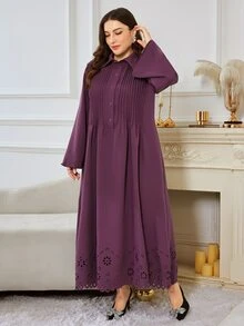 Al Najma Plus Size Women's Burnout Button Half-Placket Pleated Dress - Purple - View 4