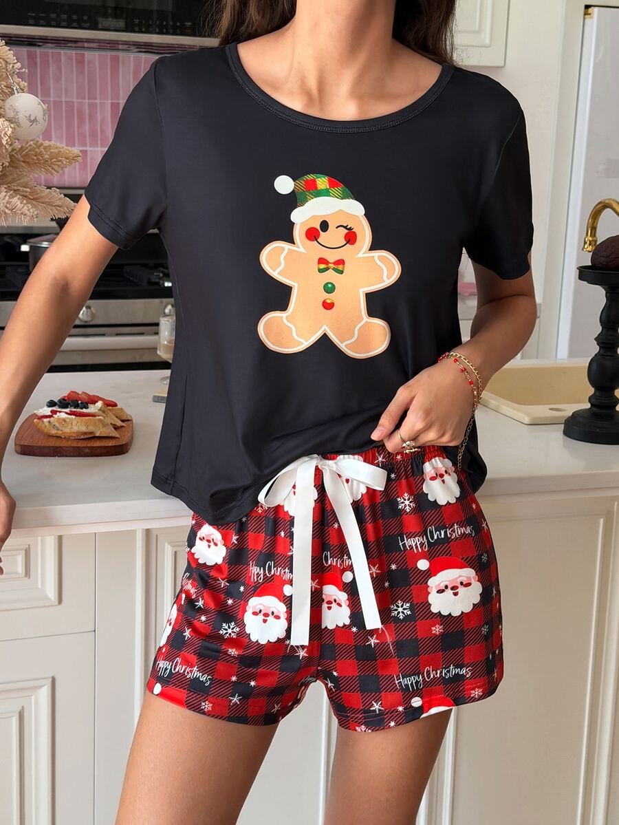 SweetSlumber Christmas Sweet Cute Candy Cookie Pattern Colorblock Round Neck Pullover Women's Pajama Set Milk Silk - Multicolor - View 1