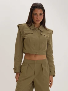 MUSEYN Khaki Woven Cropped Epaulette Style Blazer Versatile Everyday Casual Fall - Army Green - View 1