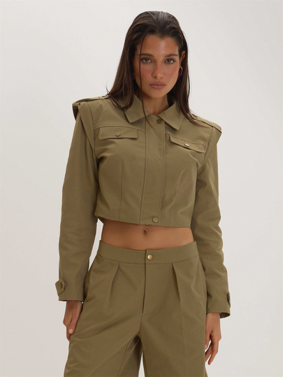 MUSEYN Khaki Woven Cropped Epaulette Style Blazer Versatile Everyday Casual Fall