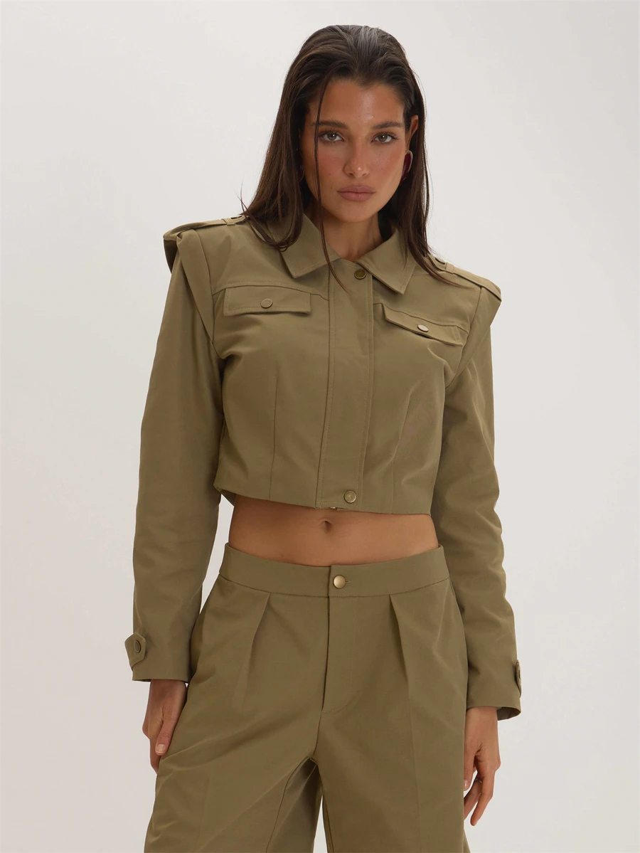 MUSEYN Khaki Woven Cropped Epaulette Style Blazer Versatile Everyday Casual Fall - Army Green - View 1