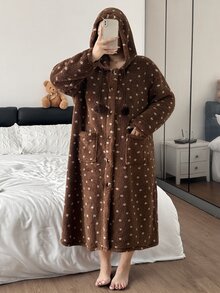 SHEIN Jubah Panjang Wanita Berkerudung Motif Polkadot Dua Sisi Bahan Fleece Musim Gugur/Dingin - Coklat - View 3