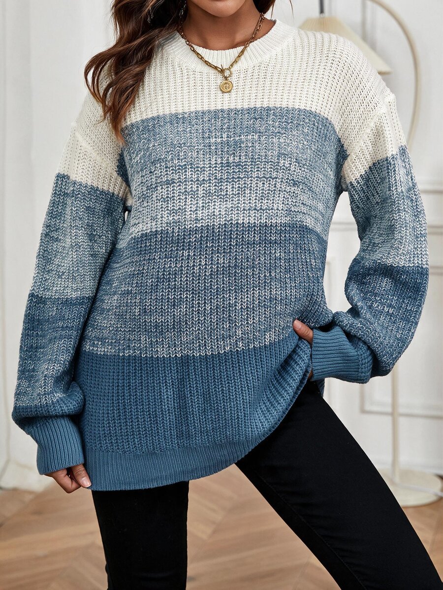 SHEIN Maternity Colorblock Round Neck Dropped Shoulder Long Sleeve Casual Sweater - Blue - View 1