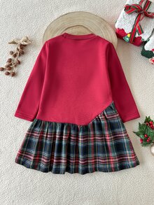 SHEIN 1件少女抓絨運動衫洋裝，酒紅色純色配格紋圖案，圓領長袖，蝴蝶結裝飾，可愛時尚，適合春夏/秋冬日常穿著、上學、聖誕節及其他場合 - 酒紅色 - 查看 2