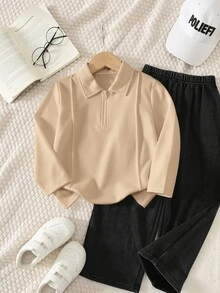 SHEIN 兒童小男孩休閒寬鬆百搭舒適素色針織長袖 Polo 衫 - 卡其色 - 查看 5
