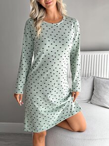 SHEIN Cotton Women Mint Green Heart Pattern Rib Knit Round Neck Long Sleeved Comfort Nightgown - Mint Green - View 4