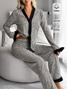SHEIN Women's Cottonline Leopard Print Ruffle Trim Contrast Button Front Long Sleeve Casual Modest Pajama Set Lounge Sleep Grey Leopard Print Autumn - Multicolor - View 5