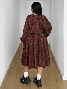 Maweii Plus Size Women's Brown Vintage All-Over Logo Print New Fashion Round Neck Long Sleeve Mid-Length Commuter Dress - Multicolor - View 4