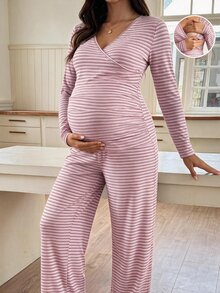 SHEIN 孕婦條紋哺乳長袖上衣與可調腰圍長褲休閒日常兩件套 秋季 - 粉色 - 查看 1